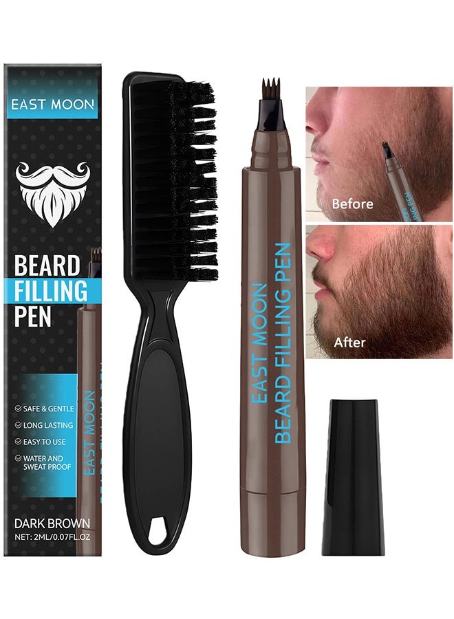 East Moon Beard Pencil Filler For Men, Waterproof High Coverage Beard Pen Kit With Beard Brush, Natural Looking Mustache, Sweatproof Long Lasting Mustache Eyebrows Repair Pen With 4 Micro-Fork Tips (Dark Brown) - Image 1